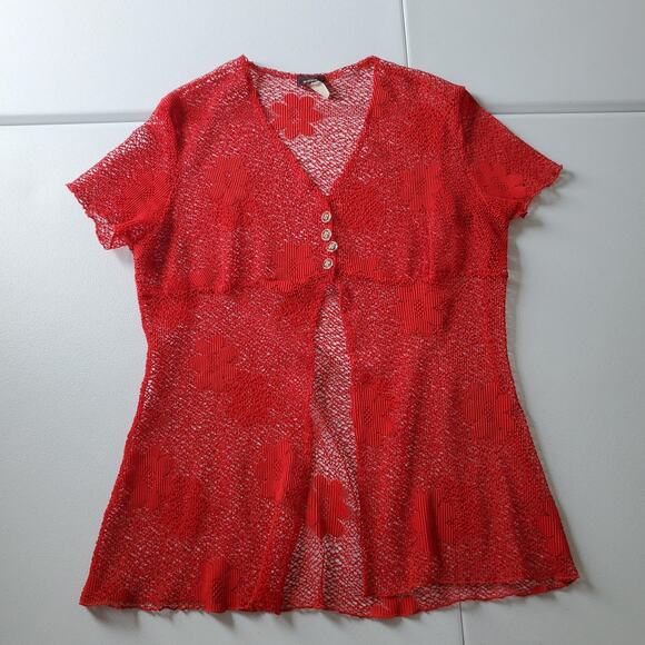 Y2K 90s Whimsigoth Vampire Womens Medium Red Sheer Mesh Short Sleeve - Picture 1 of 8